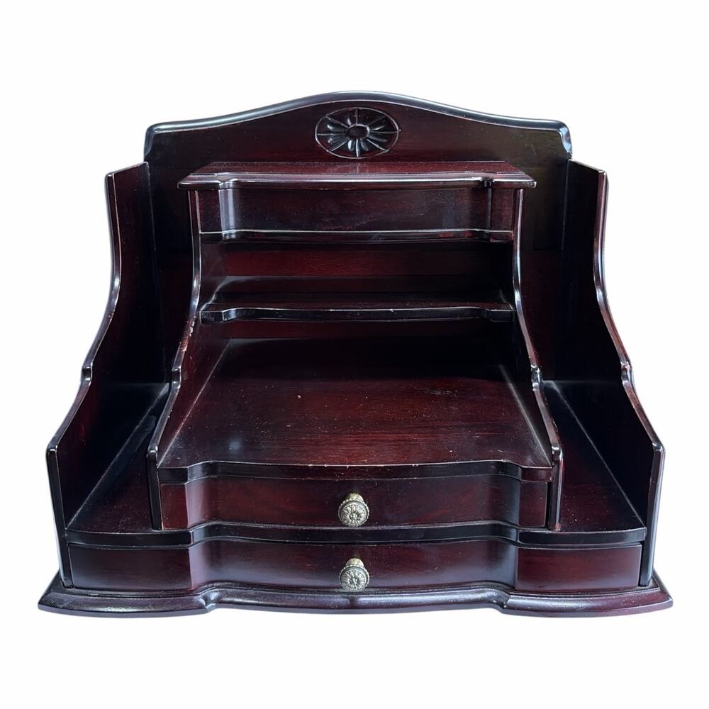 Vintage Mahogany Wood Desk Organizer 2 Drawers Letter Sorter Desktop Caddy